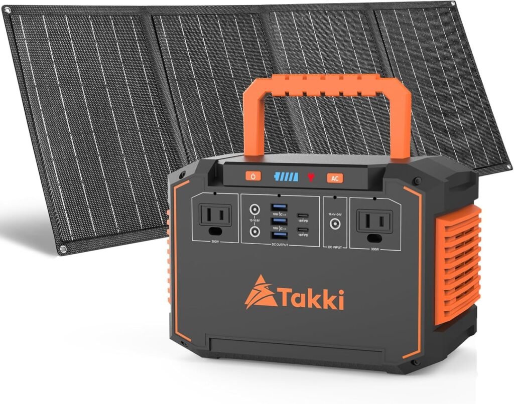 Takki 350W Peak Solar Generator Portable Power Station with 40W Solar Panels Included, 240Wh Solar Power Bank AC DC USB Ports for Camping Tent Emergency Outdoor