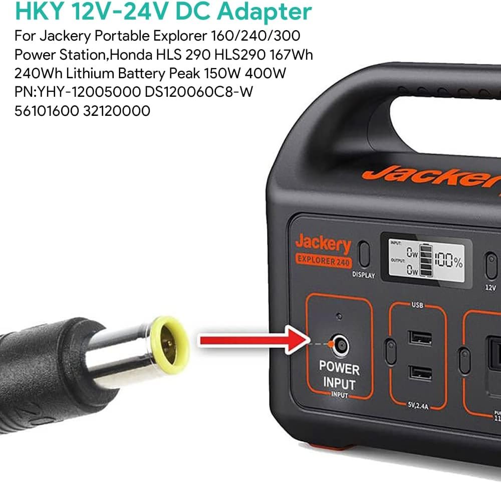 HKY DC Adapter Compatible with Jackery Portable Power Station Explorer 500 300 240 160 E160 E240 Honda HLS 290 HLS290 167Wh 240Wh Battery YHY-12005000 DS120060C8-W 32120000 56101600 Cigarette Lighter