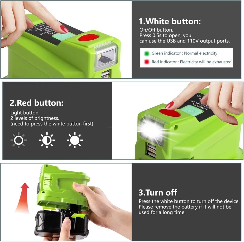 Portable Power Inverter for RYOBI 18V Battery, 150W Inverters Generator Power Source for Ryobi 18V Li-ion Battery w/ 2 USBLED LightAC Outlet, DC 18V to AC 110~120V Modified Sine Wave Power Inverter