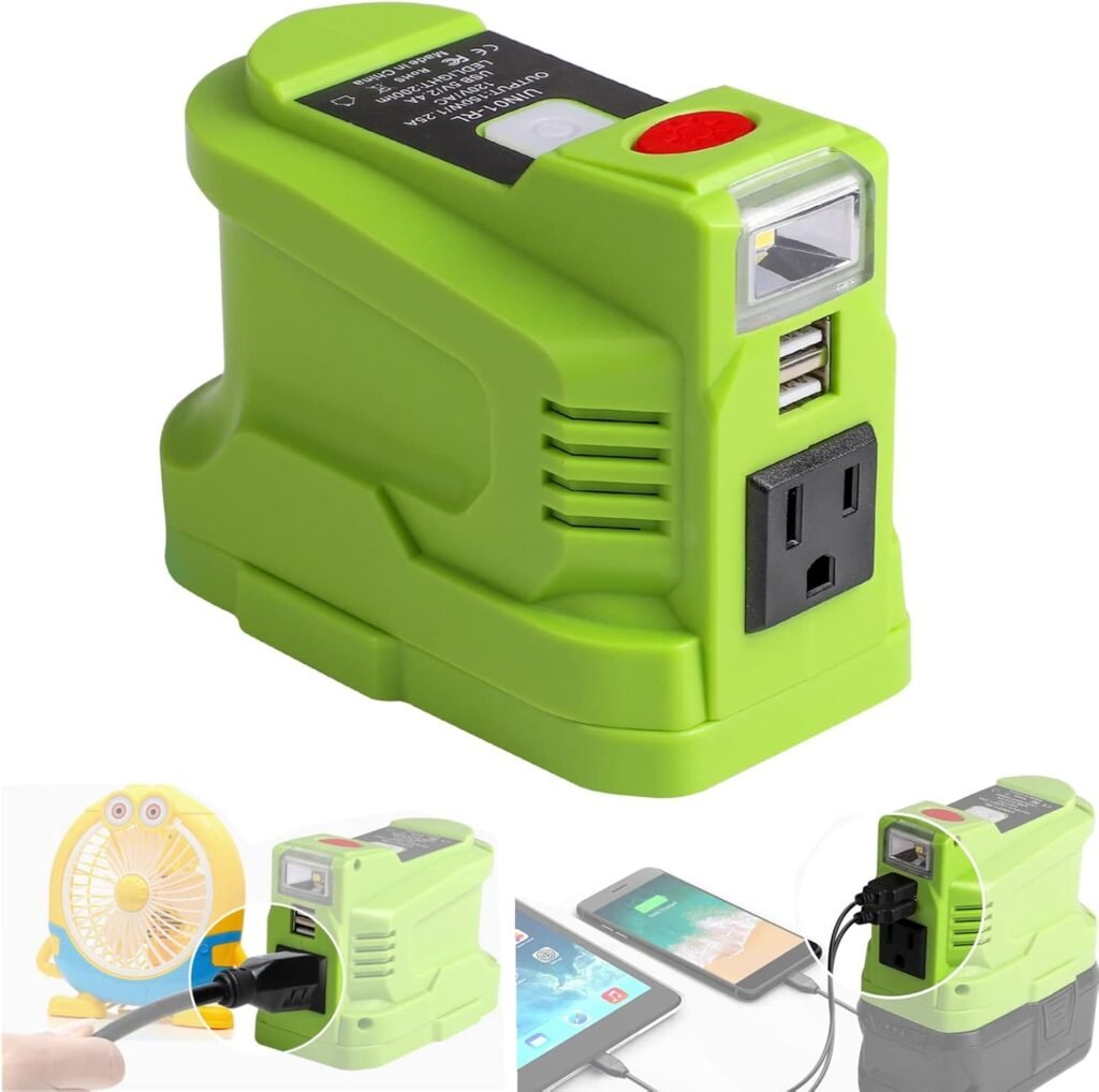 Portable Power Inverter for RYOBI 18V Battery, 150W Inverters Generator Power Source for Ryobi 18V Li-ion Battery w/ 2 USBLED LightAC Outlet, DC 18V to AC 110~120V Modified Sine Wave Power Inverter