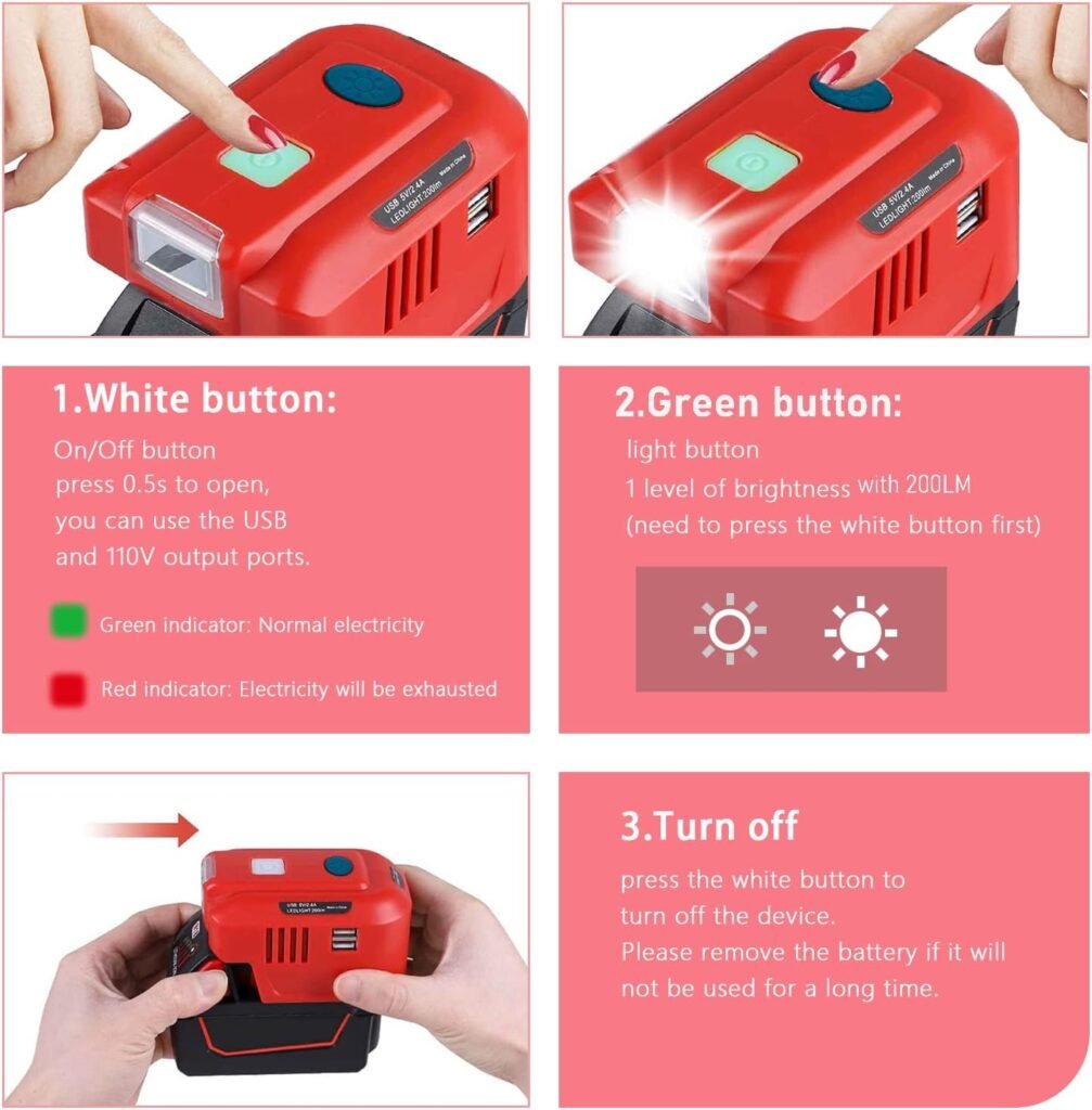 Power Inverter Generator for Milwaukee M18 18 Volt 150 Watt Lithium Ion, DC to 120V AC Powered Dual USB Charger Adapter with LED Light Compact Inverter for Milwaukee Portable Power Source