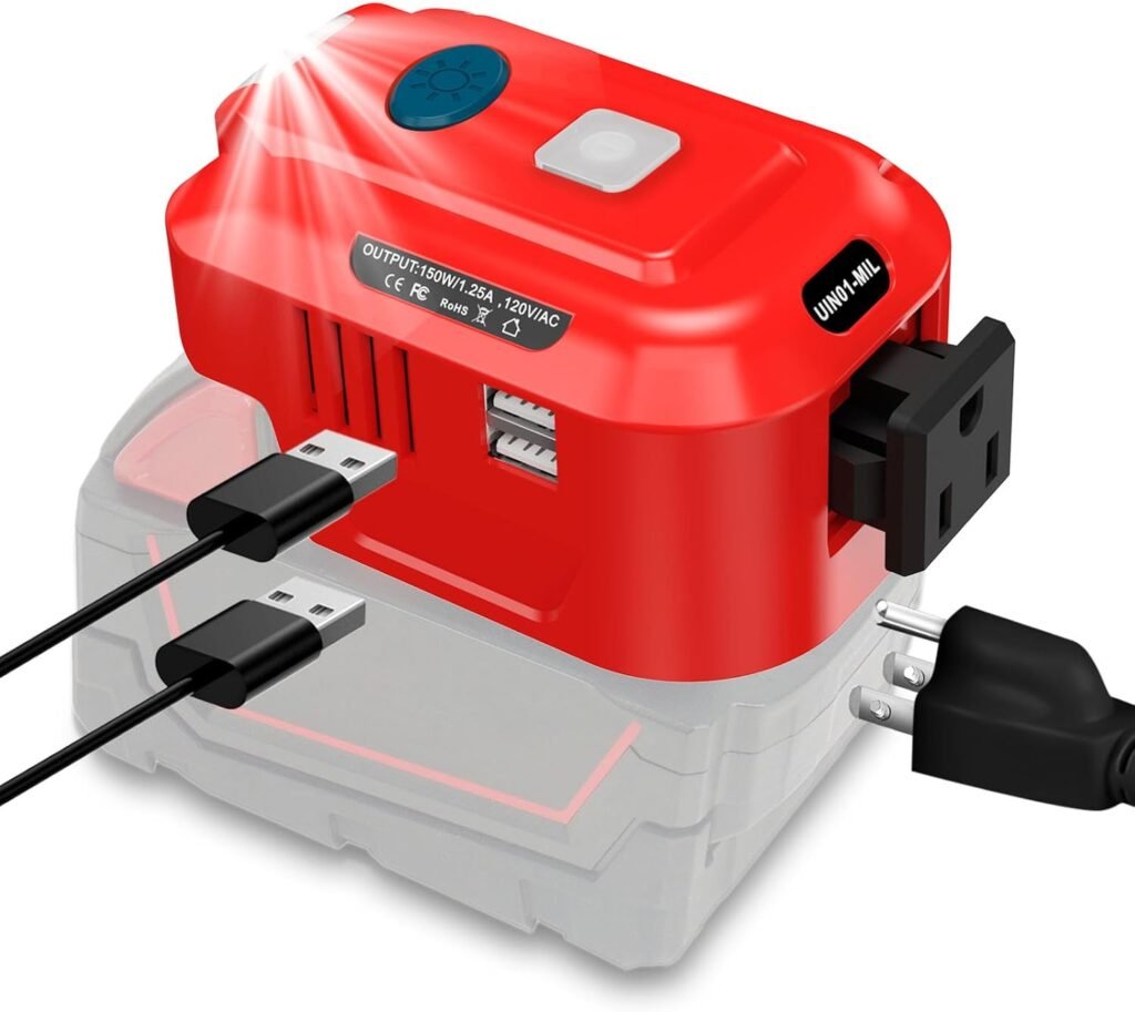 Power Inverter Generator for Milwaukee M18 18 Volt 150 Watt Lithium Ion, DC to 120V AC Powered Dual USB Charger Adapter with LED Light Compact Inverter for Milwaukee Portable Power Source