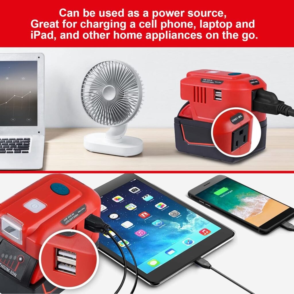 Power Inverter Generator for Milwaukee M18 18 Volt 150 Watt Lithium Ion, DC to 120V AC Powered Dual USB Charger Adapter with LED Light Compact Inverter for Milwaukee Portable Power Source