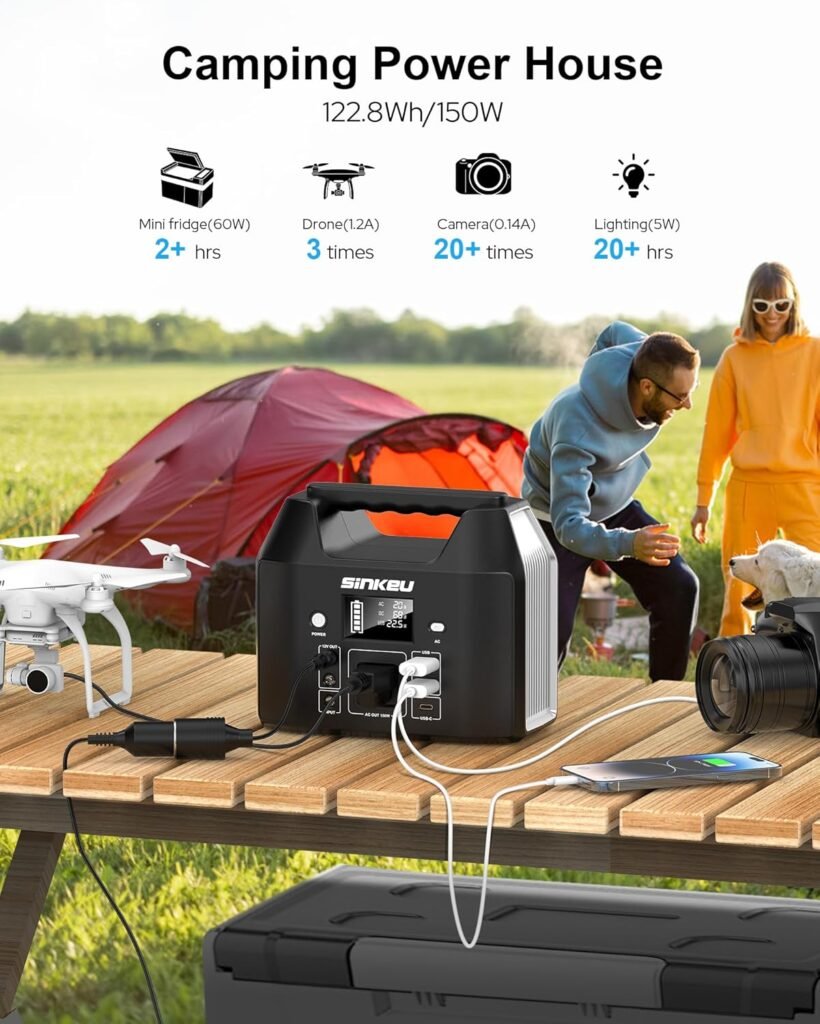 SinKeu E150 Portable Power Station 150W 122.8 Watt Hours LiFePO4 Battery Power Bank Camping Solar Generator with 110V AC Outlet(USB*2 DC*2 USB-C) Flashlight for Outdoor Home Travel Emergency(Black)