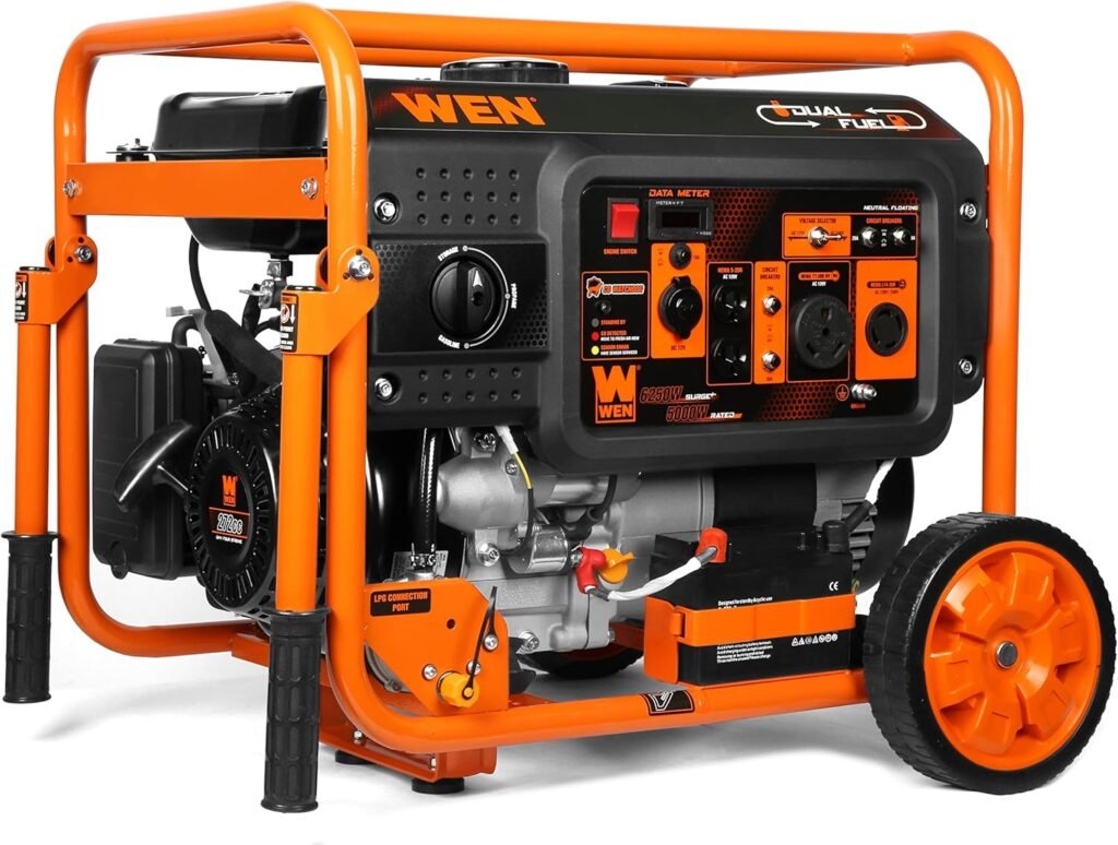 WEN DF623X 6250-Watt 120-Volt/240-Volt Dual Fuel Electric Start Portable Generator with Wheel Kit and CO Shutdown Sensor, Black
