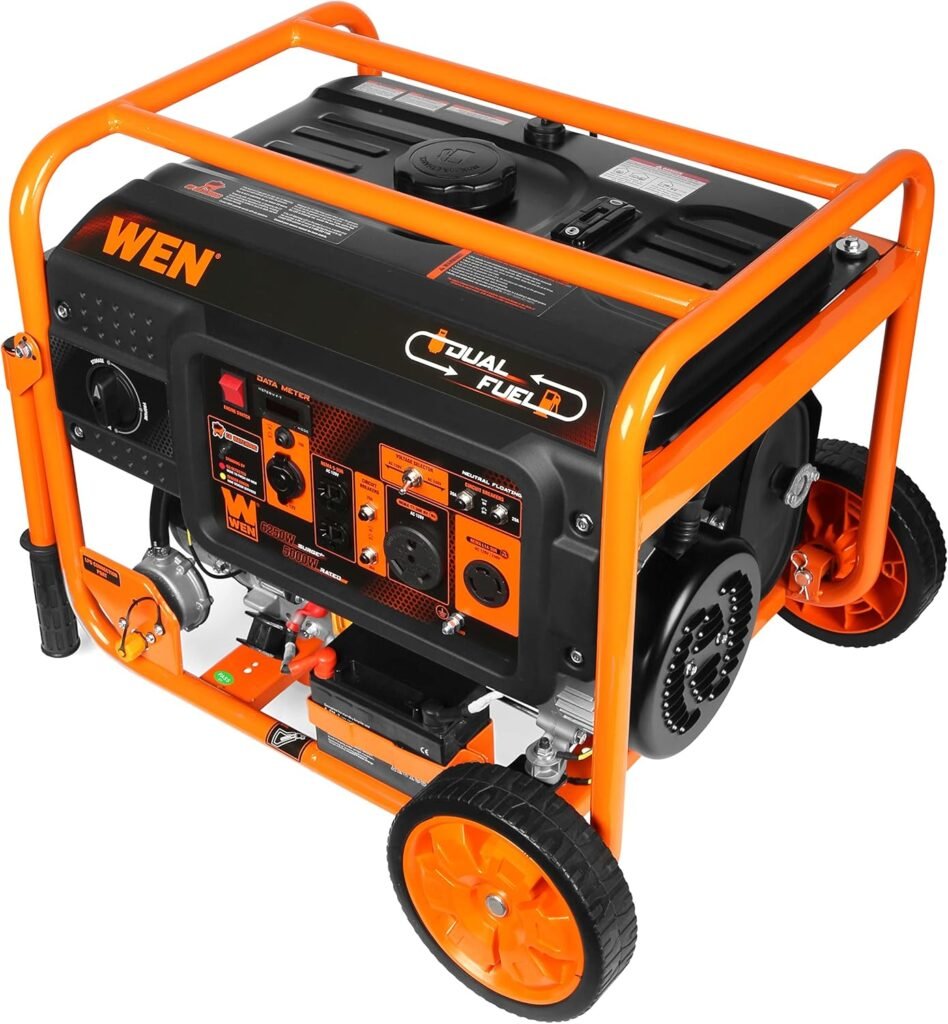 WEN DF623X 6250-Watt 120-Volt/240-Volt Dual Fuel Electric Start Portable Generator with Wheel Kit and CO Shutdown Sensor, Black