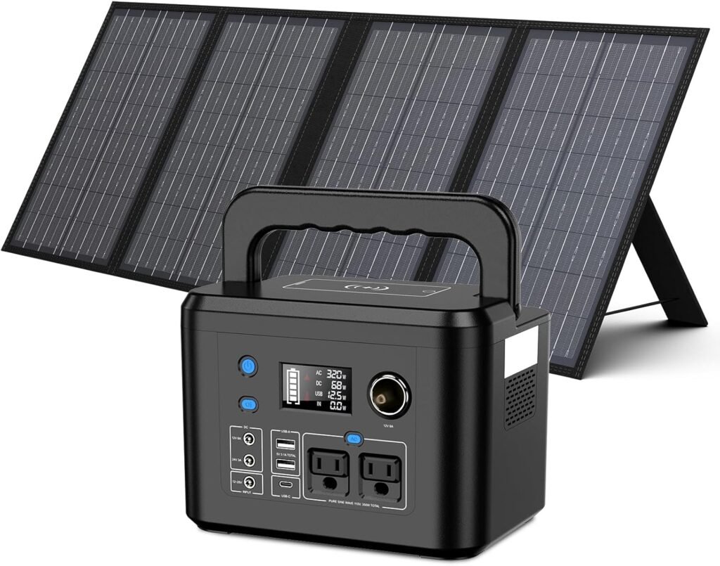 350W Portable Solar Generator with 60W Solar Panel, Powkey 70,000mAh Backup Lithium Battery, 110V/350W Pure Sine Wave AC Outlet, Power Station with Solar Panel for Outdoors Camping Travel Hunting