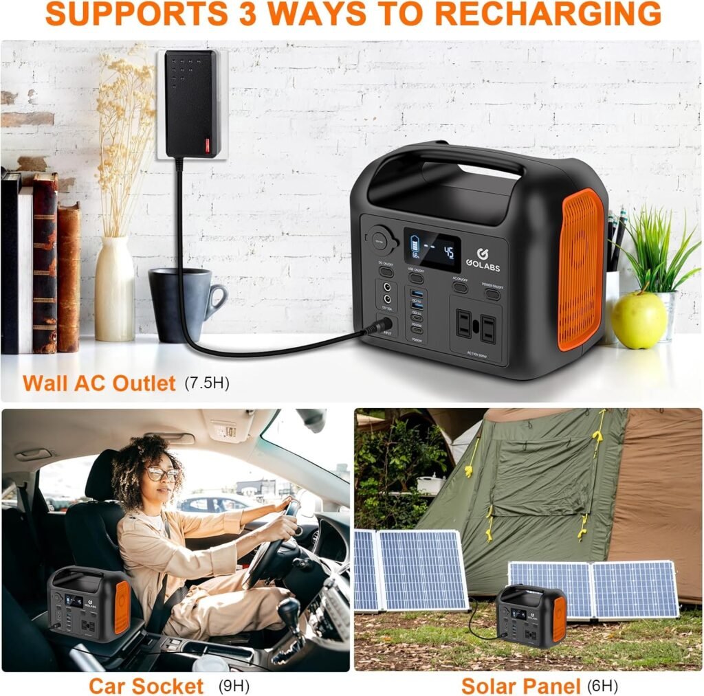 GOLABS Portable Power Station, 299Wh LiFePO4 Backup Battery 300W Pure Sine Wave AC (600W Peak) Car Outlets PD 60W QC3.0 Solar Generator Power Bank for Camping, Emergency, CPAP
