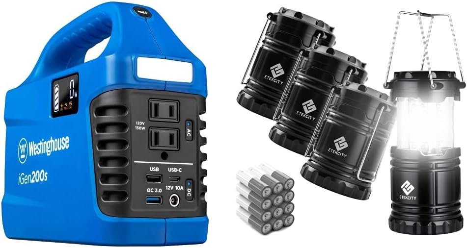Westinghouse iGen200s Portable Power Station and Solar Generator, 300 Peak Watts and 150 Rated Watts  Etekcity LED Camping Lantern for Emergency Light Hurricane Supplies, 4 Pack