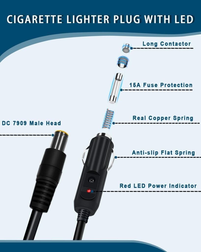 14AWG Car Charging Cable for Jackery Portable Power Station Explorer 3000 2000 1500 1000 500 880 550 300 290 240 160 Jackery Accessories Cigarette Lighter Charger DC Adapter Cord 2M - Black