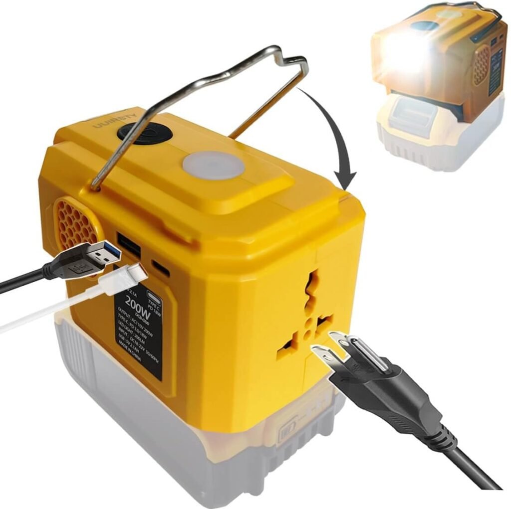 200W Power Inverter for Dewalt 20V Battery, DC 20V to AC 110-120V Battery Inverter, Battery Powered Outlet with 1 USB Ports  1 Type-C  1 AC Outlet,LED Portable Power Station Charger Adapt