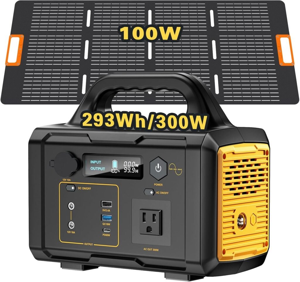 300W Solar Generator with Panels Included, 293Wh Portable Power Station with 100W Foldable Solar Panel, 120V/300W AC Outlet, Solar Powered Generator for RV Camping Outdoor Hiking Fishing Emergency