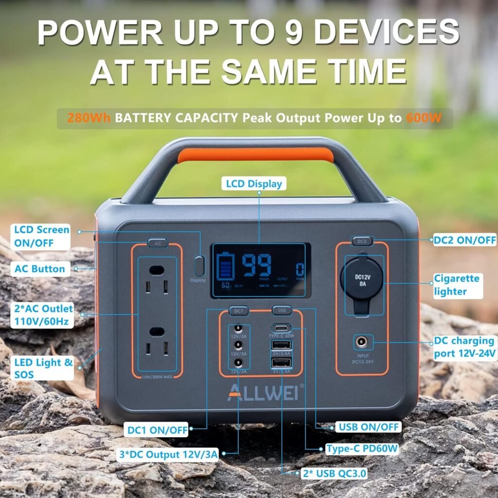 ALLWEI 300W Portable Power Station with 1 * 100W Solar Panel Included, Solar Generator 280Wh, PD60W USB, DC AC Outlet, Home Battery Backup for Camping Outdoor RV Trip Hunting Blackout CPAP ALLWEI 300W Portable Power Station with 1 * 100W Solar Panel Included, Solar Generator 280Wh, PD60W USB, DC AC Outlet, Home Battery Backup for Camping Outdoor RV Trip Hunting Blackout CPAP