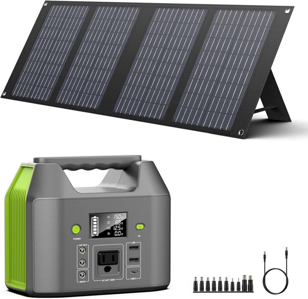 EnginStar Portable Power Station with 40W Solar Panel, 122.8Wh LiFePO4 Battery Backup, 38400mAh Solar Generator w/ 150W AC Outlet, 6 Outputs for Home Power Outages Outdoor Camping Emergency