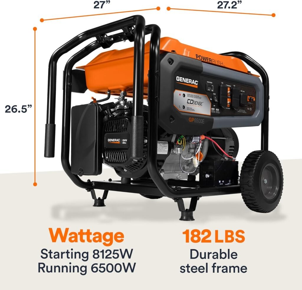 Generac 7682 GP6500E 6,500-Watt Gas-Powered Portable Generator - Powerrush Advanced Technology with Electric Start - Durable Design and Reliable Backup Power - 49-State Compliant