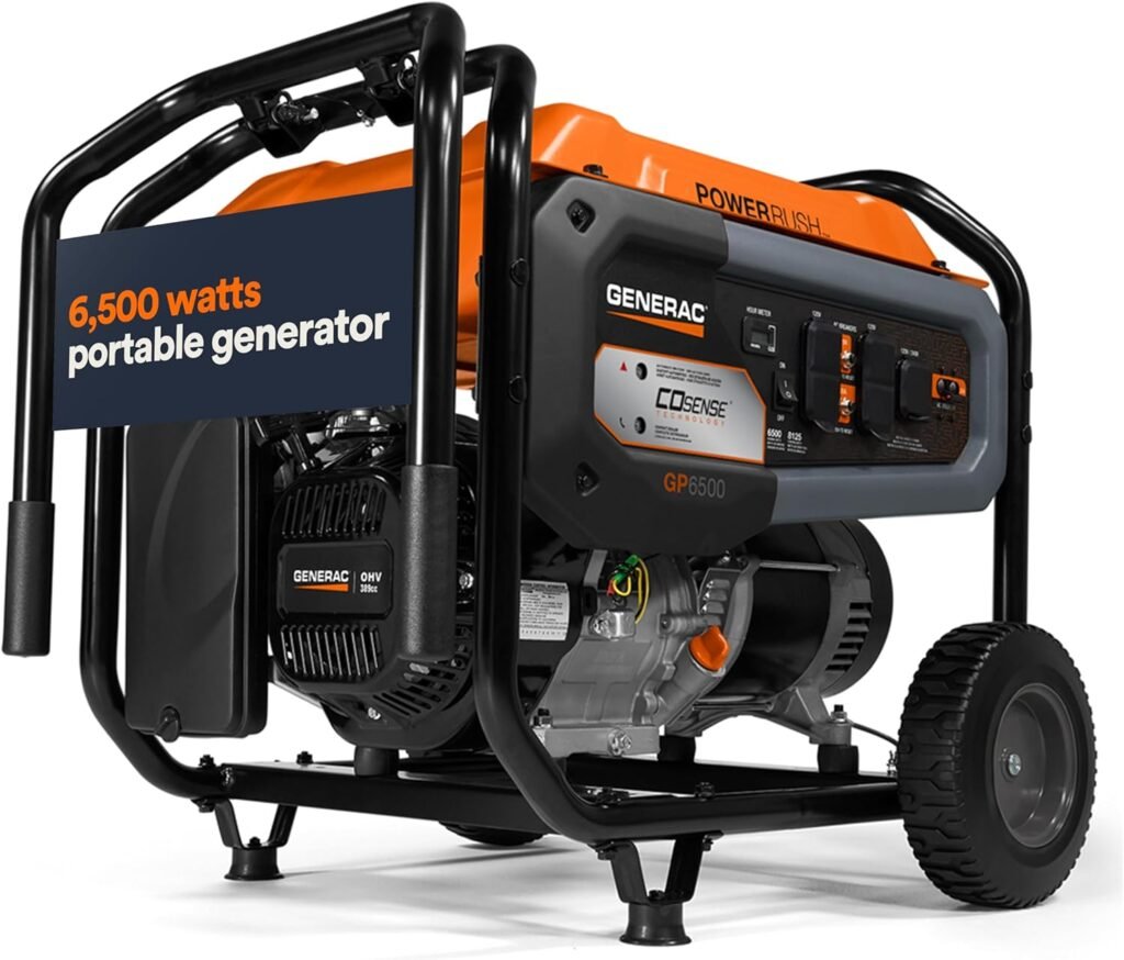 Generac 7683 GP6500 6,500-Watt Gas-Powered Portable Generator - COsense Technology - Powerrush Advanced Technology - Durable Design and Reliable Power for Emergencies and Recreation - CARB Compliant