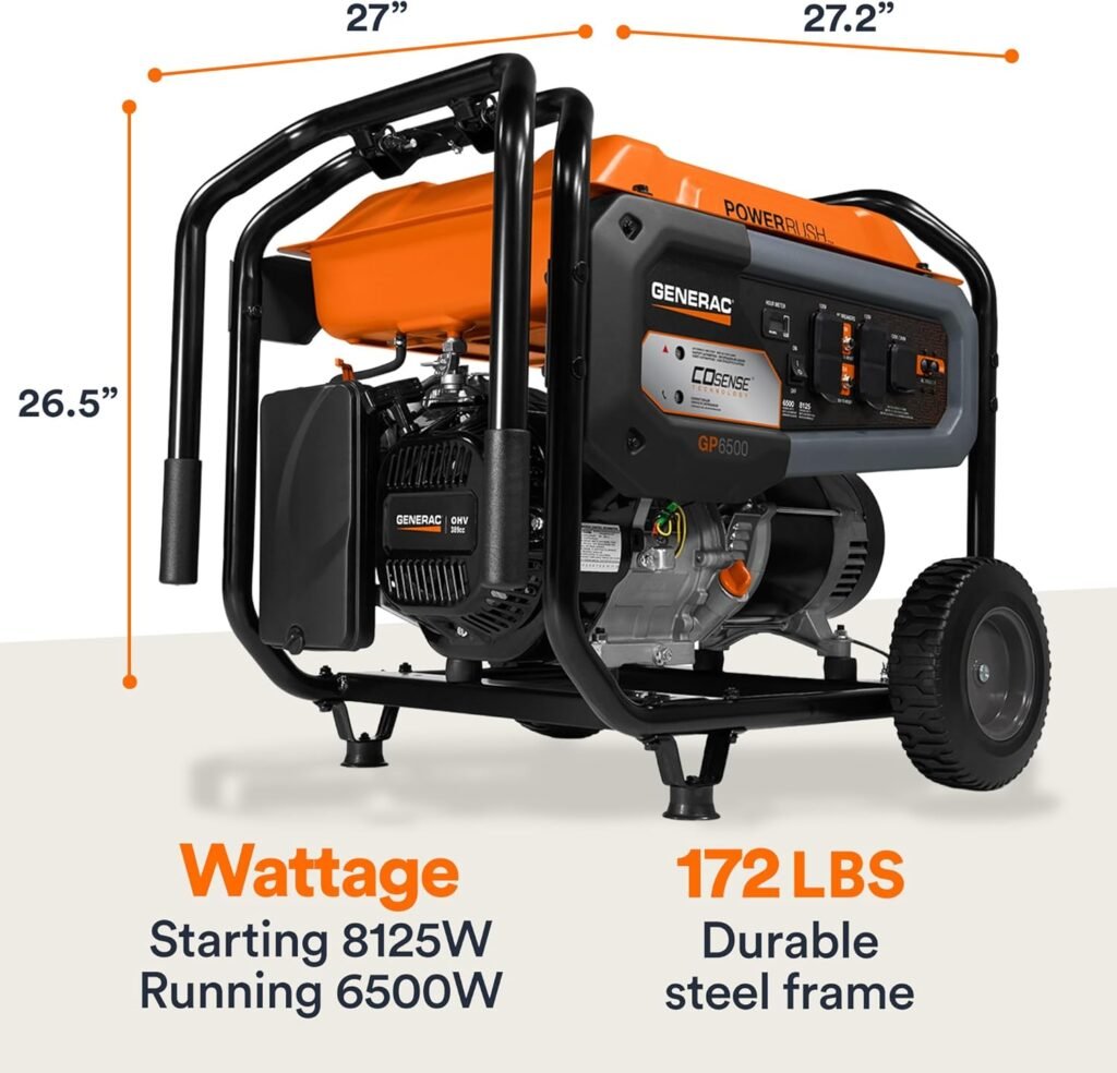 Generac 7683 GP6500 6,500-Watt Gas-Powered Portable Generator - COsense Technology - Powerrush Advanced Technology - Durable Design and Reliable Power for Emergencies and Recreation - CARB Compliant