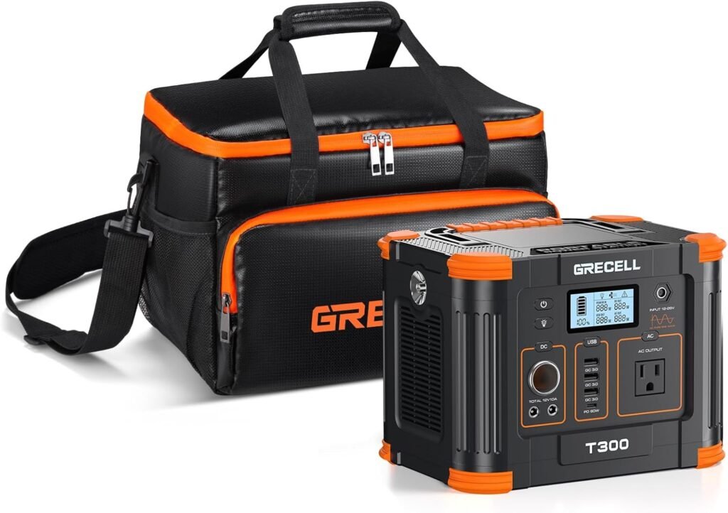 GRECELL Portable Power Station 330W Solar Generator with Fire-proof Carrying Case Bag, Fast Charging Emergency Power Backup Battery with Waterproof Camping Travel Storage Case Bag