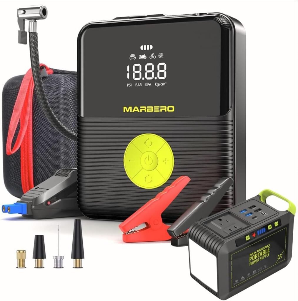 MARBERO 88Wh Portable Power Station Camping Lithium Battery Power 110V/80W with 12V Portable Jump Starter for Car Battery Charger with Car Air Compressor 150PSI