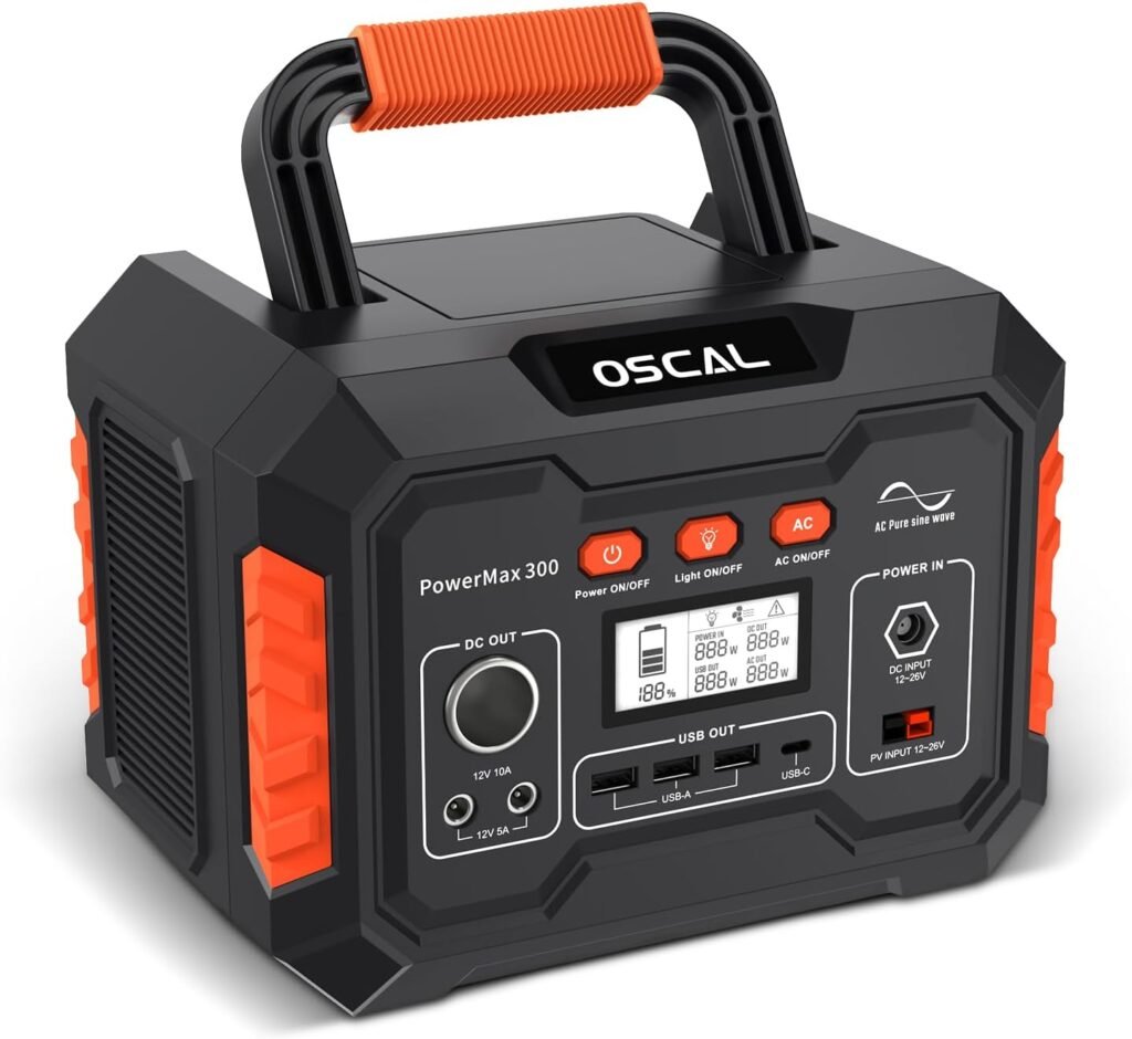 OSCAL Portable Power Station PowerMax 300, 266Wh (600W Surge) Solar Generator with 8 Charging Outlets, 60W USB-C PD Output, LED Light for Home Emergencies, Outdoor Camping and Weekend Travel