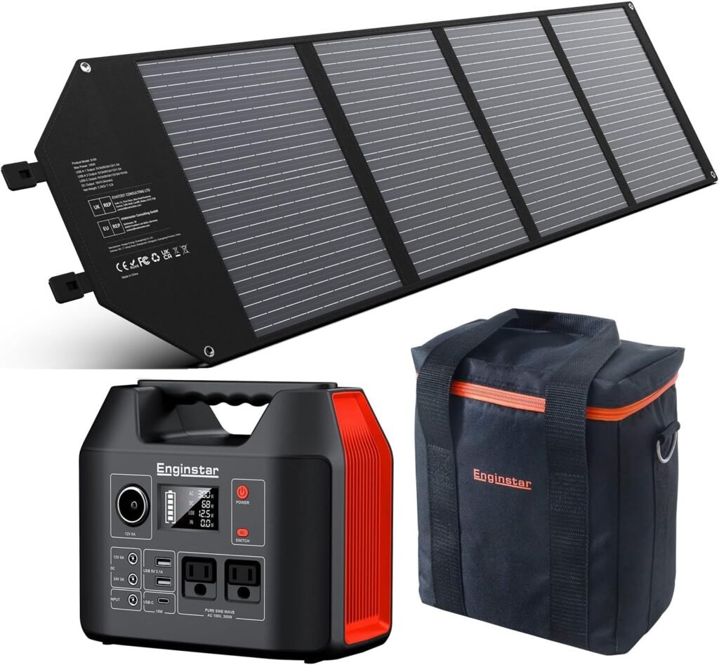 Power Station with Solar Panel EnginStar 300W Generator Bundle w/ 100W Solar Panel and Carrying Case for Travel, Hunting, Emergency Backup Power, Outdoor Camping, RV