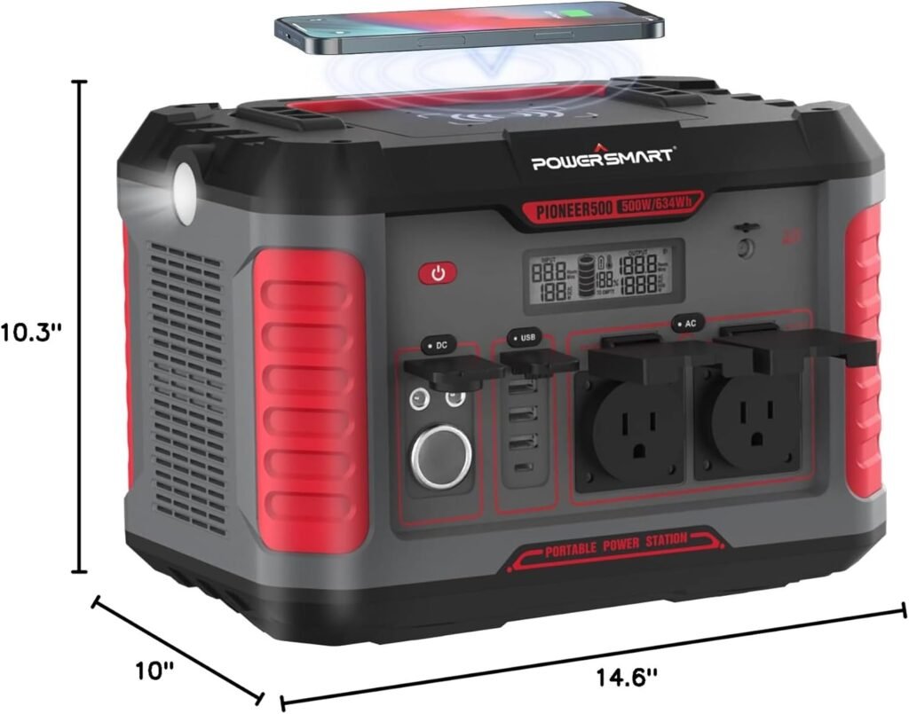 PowerSmart Portable Power Station 500W, 288Wh Solar Generator with 60W USB-C PD Output, 1 AC Outlets, Wireless Charging and Waterproof Cover for Home Backup Emergency (Solar panel not included)