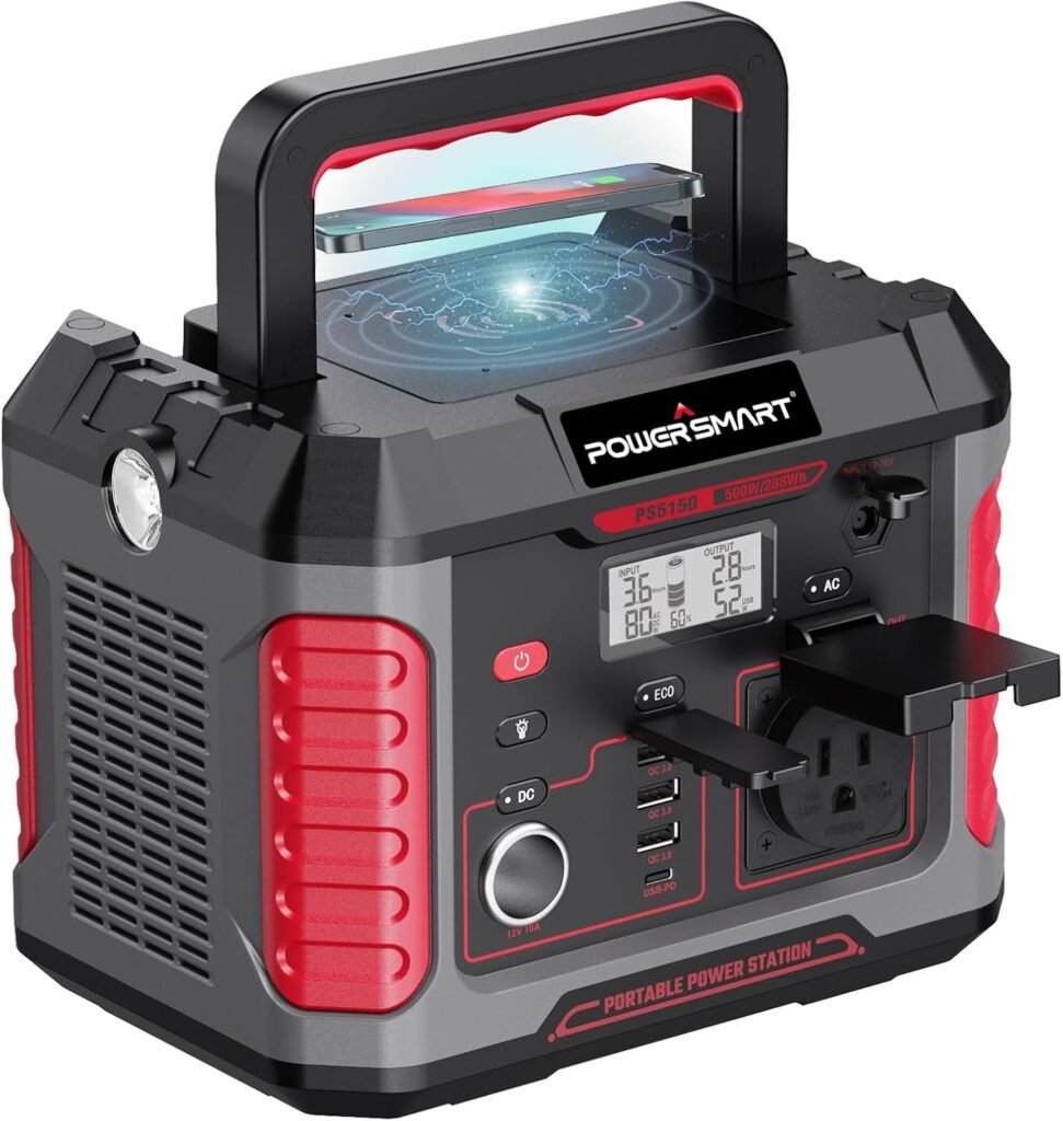 PowerSmart Portable Power Station 500W, 288Wh Solar Generator with 60W USB-C PD Output, 1 AC Outlets, Wireless Charging and Waterproof Cover for Home Backup Emergency (Solar panel not included)