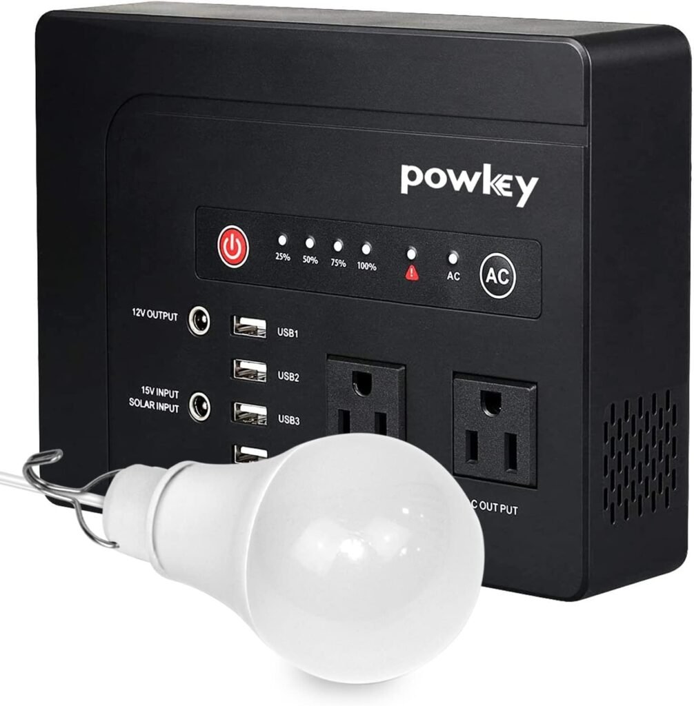 powkey 200Watt Portable Power Bank with AC Outlet and 10W Adjustable LED Bulb Light for Camping Power Supply for CPAP, 2 AC Ports, 4 USB Ports, 2 DC Ports