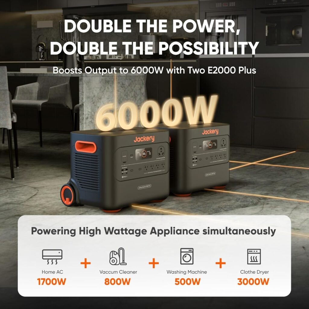Jackery Explorer 2000 Plus, 2* E2000 Plus, Solar Generator with 4085Wh LiFePO4 Battery 6000W Output, Compatible with Solar Panel for Outdoor RV Camping  Emergency