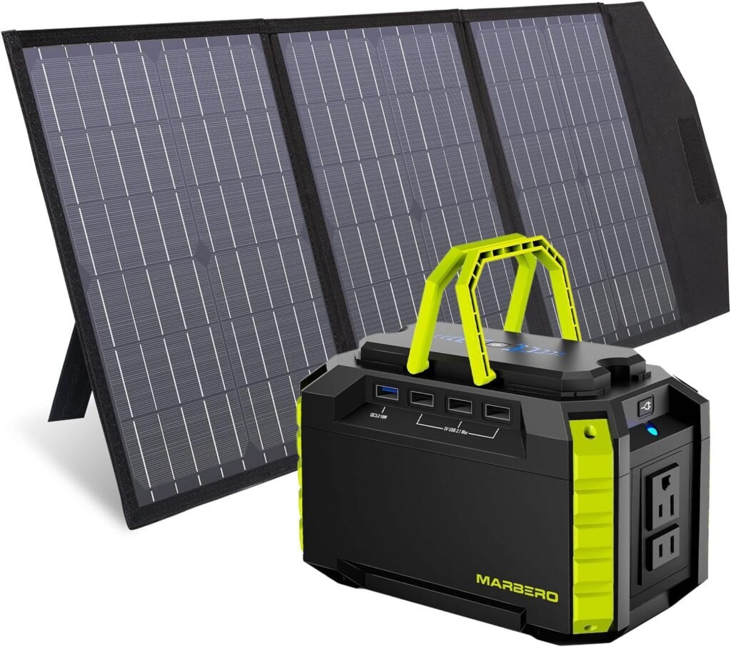 MARBERO 150Wh Portable Power Station with 60W Foldable Solar Panel Included, 150W Peak Solar Generator with AC Outlet for Caming, Office, Emergency, Blackout