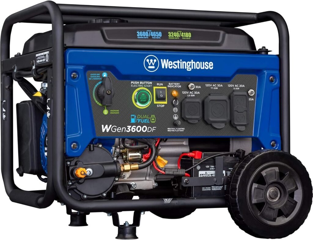 Westinghouse Outdoor Power Equipment 4650 Peak Watt Dual Fuel Portable Generator, Remote Electric Start with Auto Choke, RV Ready 30A Outlet, Gas  Propane Powered