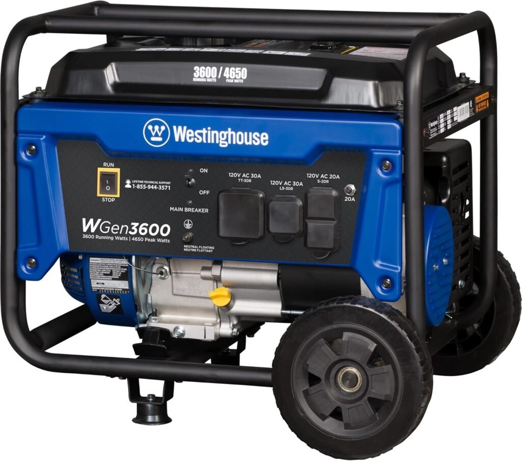Westinghouse Outdoor Power Equipment 4650 Peak Watt Dual Fuel Portable Generator, Remote Electric Start with Auto Choke, RV Ready 30A Outlet, Gas  Propane Powered