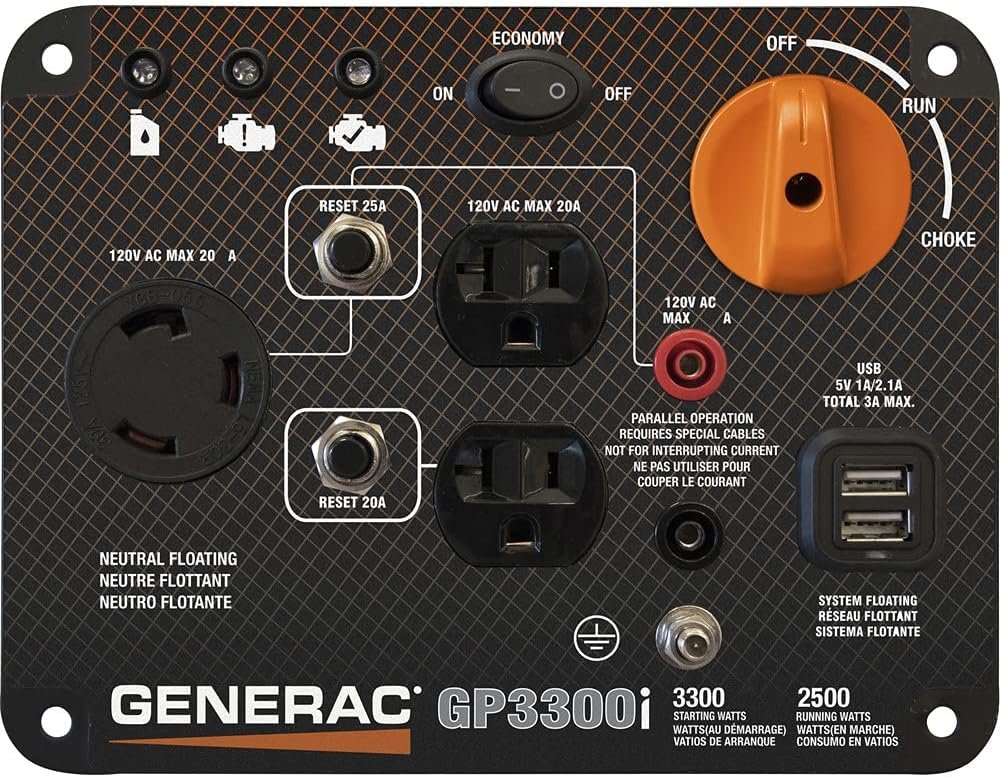 Generac 7154 GP3300i 3,300-Watt Gas-Powered Portable Inverter Generator - Compact and Lightweight Design with Parallel Capability - USB Ports for Mobile Device Charging - CARB Compliant