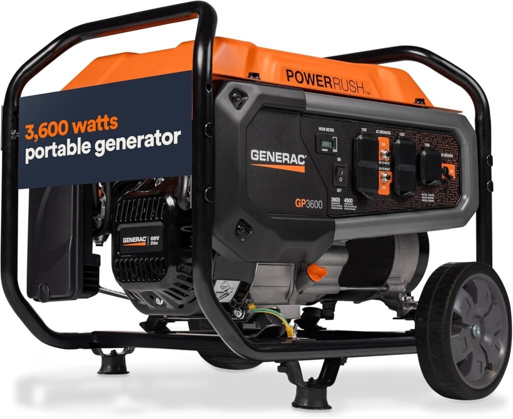 Generac 7678 GP3600 3,600-Watt Gas-Powered Portable Generator - Powerrush Advanced Technology - Durable Design and Reliable Power for Emergencies and Recreation - CARB Compliant