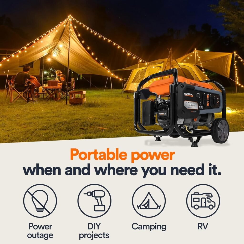 Generac 7678 GP3600 3,600-Watt Portable Generator 50-State / CARB Compliant for Reliable Power Anywhere, 24 W x 22.5 D x 21.3 H, Orange/Black