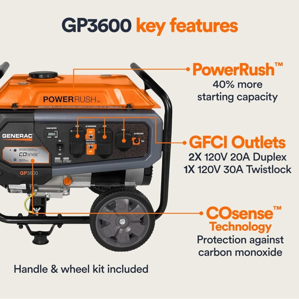 Generac 7678 GP3600 3,600-Watt Portable Generator 50-State / CARB Compliant for Reliable Power Anywhere, 24 W x 22.5 D x 21.3 H, Orange/Black