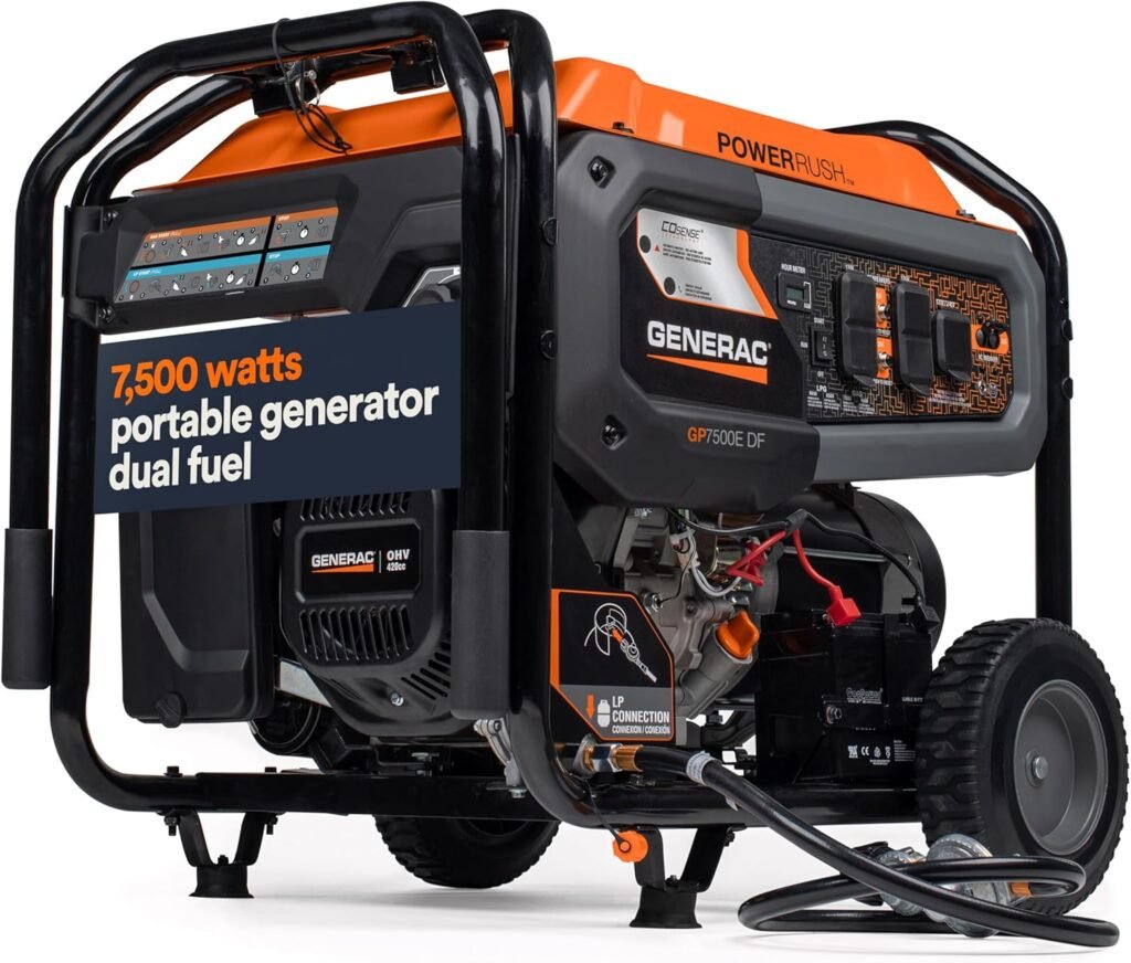 Generac 8011 GP7500E 7,500-Watt Dual-Fuel Compatible Portable Generator - Gas and Propane - COsense Technology with Electric Start - Powerrush Advanced Technology - Reliable Power Solution