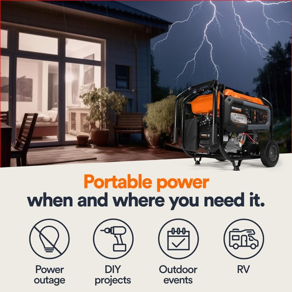 Generac 8011 GP7500E 7,500-Watt Dual-Fuel Compatible Portable Generator - Gas and Propane - COsense Technology with Electric Start - Powerrush Advanced Technology - Reliable Power Solution