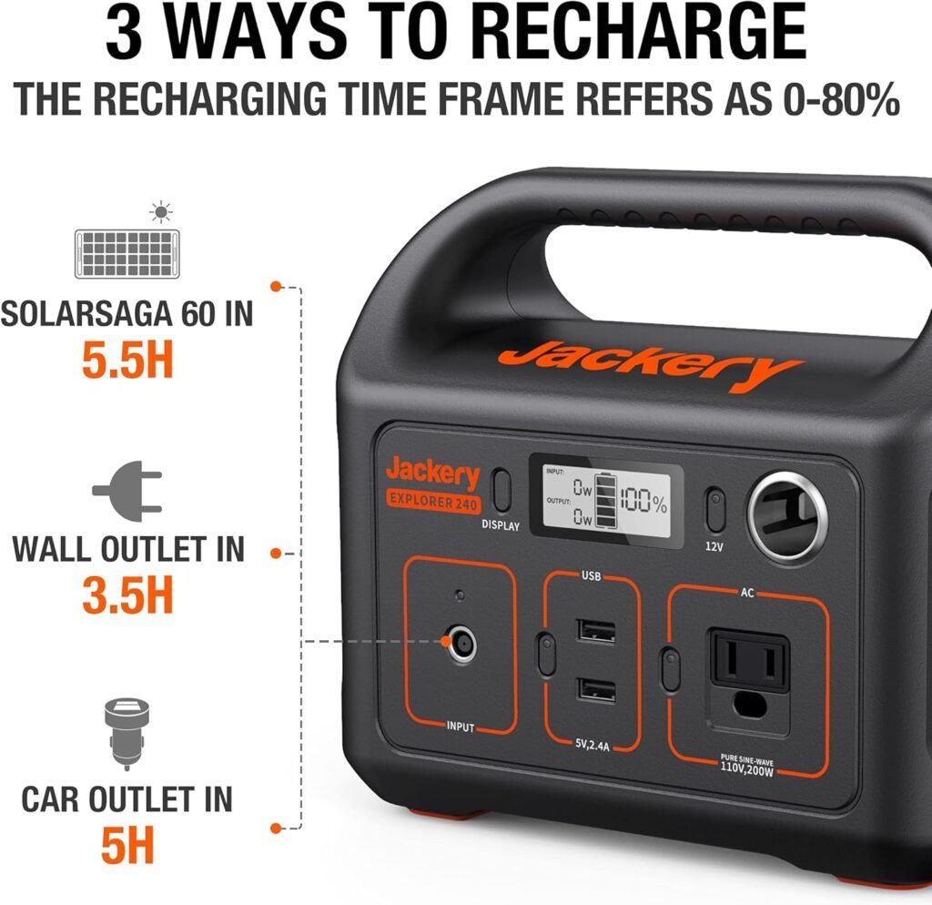 Jackery Portable Power Station Explorer 240, 240Wh Emergency Backup Lithium Battery, 110V/200W Pure Sinewave AC Outlet,Solar Generator for Outdoors Camping Travel Fishing Hunting (Renewed)