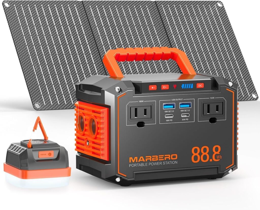 MARBERO Portable Power Station 150W Peak with 30W Solar Panel and 248LM Camping Lantern