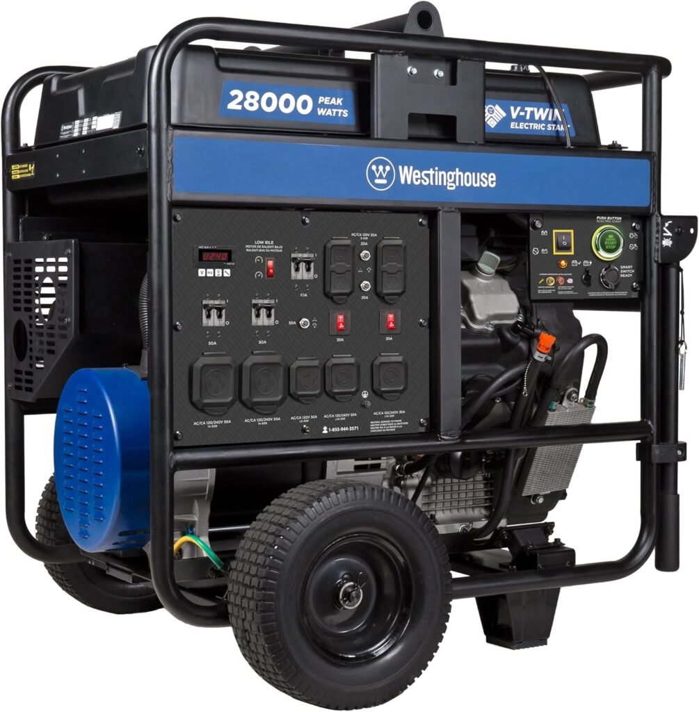 Westinghouse 28000 Peak Watt Home Backup Portable Generator, Remote Electric Start with Auto Choke, Transfer Switch Ready 30A  50A Outlets, Gas Powered, CO Sensor,Blue