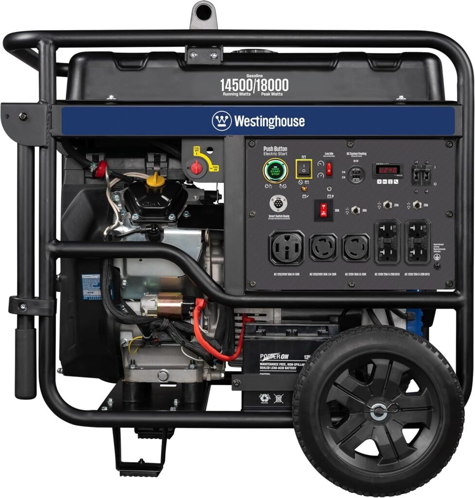 Westinghouse 28000 Peak Watt Home Backup Portable Generator, Remote Electric Start with Auto Choke, Transfer Switch Ready 30A  50A Outlets, Gas Powered, CO Sensor,Blue