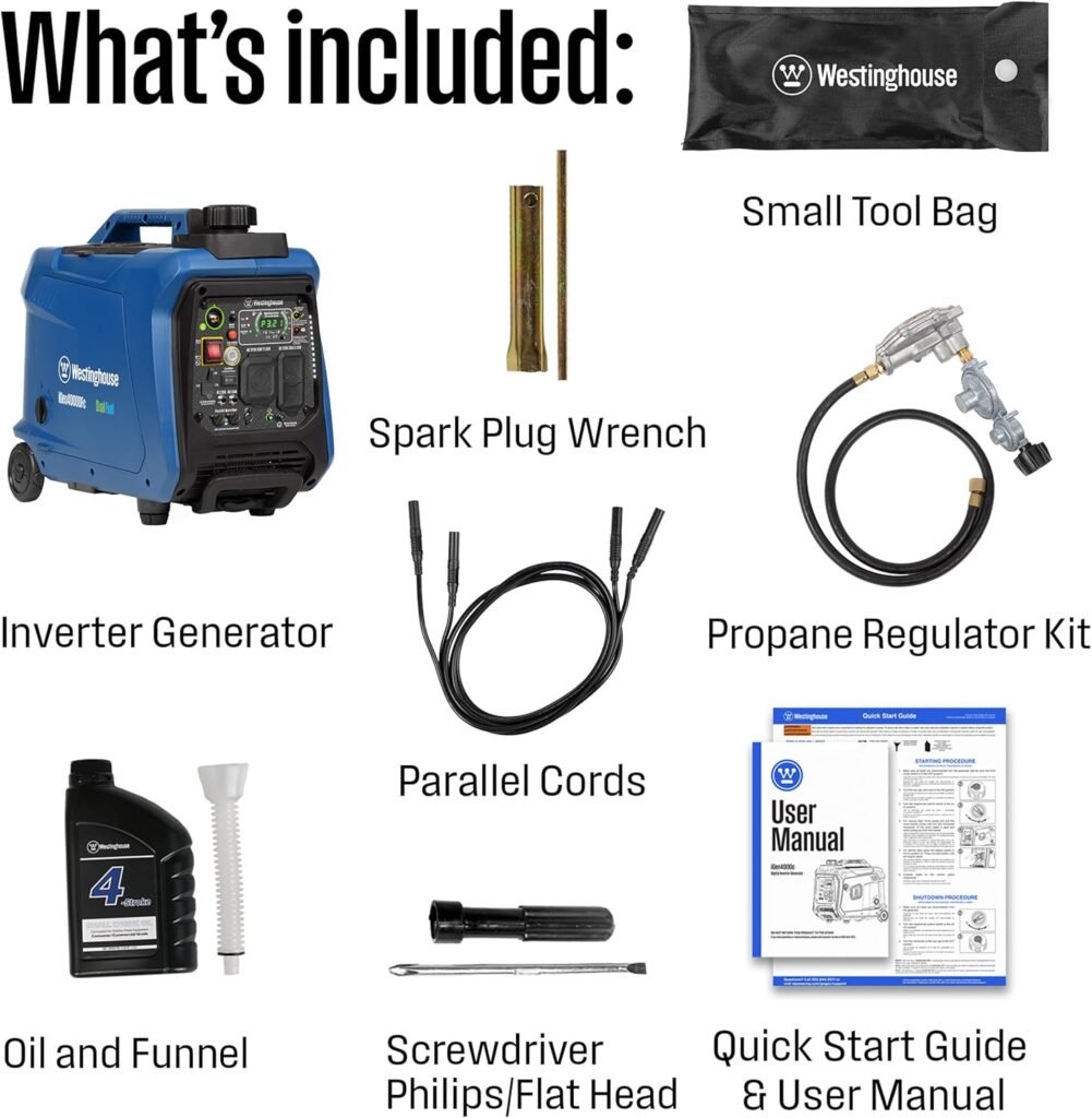 Westinghouse Outdoor Power Equipment 4000 Peak Watt Super Quiet Dual Fuel Portable Inverter Generator, Remote Electric Start, Gas  Propane Powered, RV Ready, CO Sensor, Parallel Capable