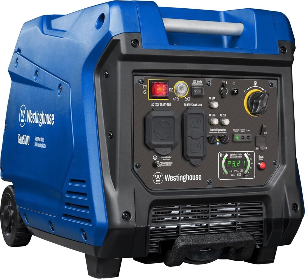 Westinghouse Outdoor Power Equipment 5000 Peak Watt Super Quiet Portable Inverter Generator, Remote Electric Start with Auto Choke, Wheel  Handle Kit, RV Ready, Gas Powered, Parallel Capable