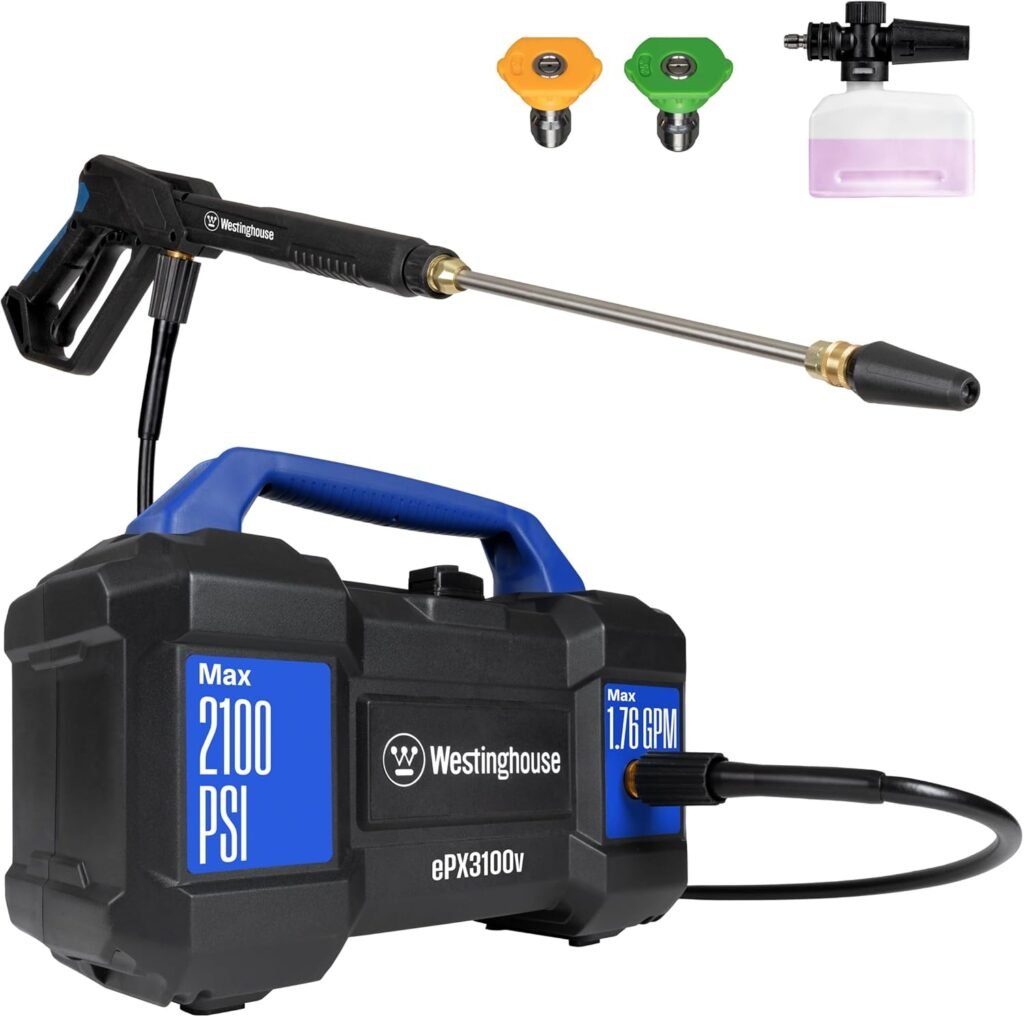 Westinghouse ePX3100v Electric Pressure Washer, 2100 Max PSI 1.76 Max GPM, Built-in Carry Handle, Detachable Foam Cannon, Pro-Style Steel Wand, 4-Nozzle Set, for Cars/Fences/Driveways/Home/Patios