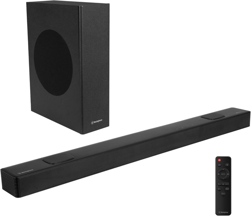 Westinghouse 2.0 Channel Compact Mini Soundbar with Dolby Atmos and Digital Plus, 120W Surround Sound System for TV, Home Theater Audio, Bluetooth, Easy Setup, Roku TV Ready