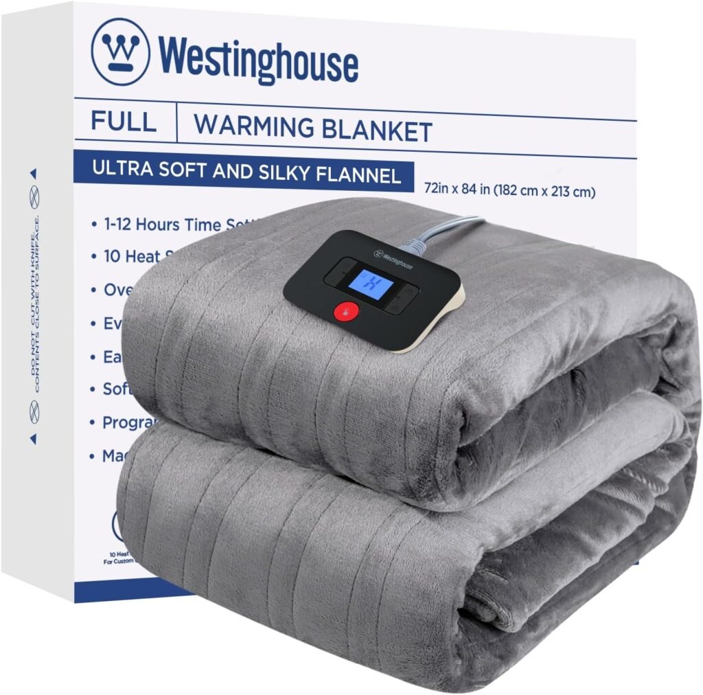 Westinghouse Electric Blanket Full Size, Super Cozy Soft Flannel 80 x 84 Heated Blanket with 10 Fast Heating Levels  1-12 Auto-Off, Machine Washable, ETLFCC Certification, Light Grey