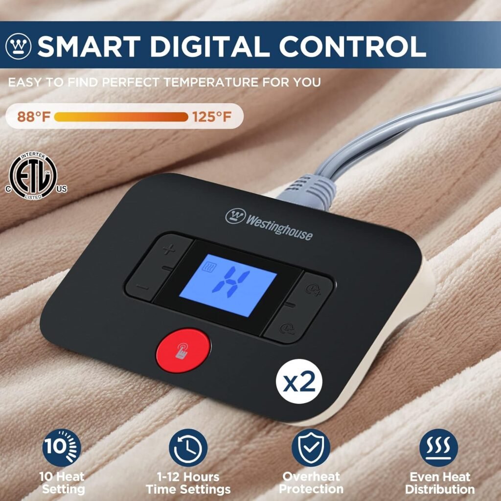 Westinghouse Electric Blanket Full Size, Super Cozy Soft Flannel 80 x 84 Heated Blanket with 10 Fast Heating Levels  1-12 Auto-Off, Machine Washable, ETLFCC Certification, Light Grey