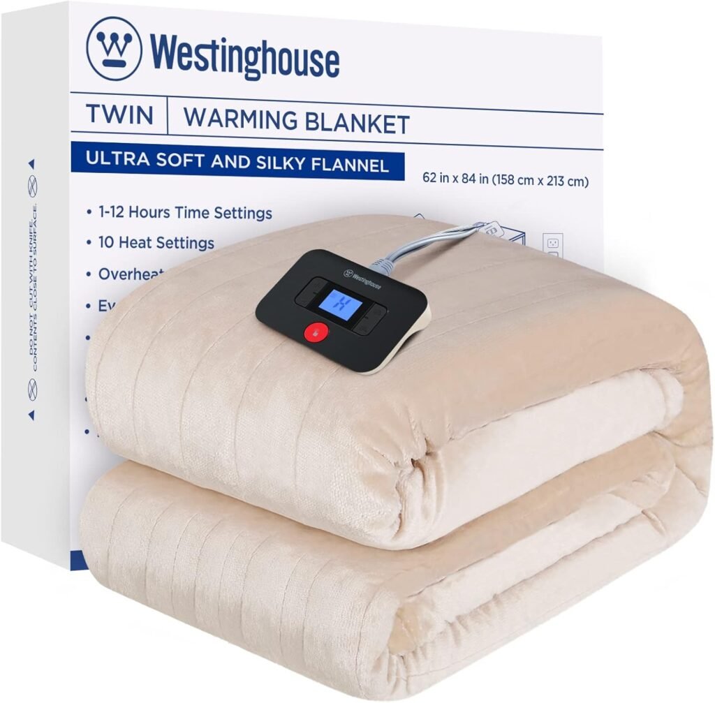 Westinghouse Electric Blanket Full Size, Super Cozy Soft Flannel 80 x 84 Heated Blanket with 10 Fast Heating Levels  1-12 Auto-Off, Machine Washable, ETLFCC Certification, Light Grey