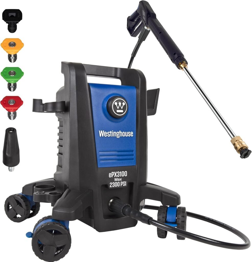 Westinghouse ePX3100 Electric Pressure Washer, 2300 Max PSI 1.76 Max GPM with Anti-Tipping Technology, Onboard Soap Tank, Pro-Style Steel Wand, 5-Nozzle Set, for Cars/Fences/Driveways/Home/Patios